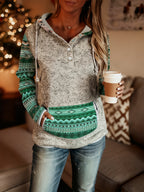 Moletom Feminino Estilo Bohemian Ocidental com Capuz - Blusa Casual de Botões Retro, Cinza e Azul para Todas as Estações, Lavável na Máquina, Conforto Diário, Tecido Texturizado, Chic Rústico