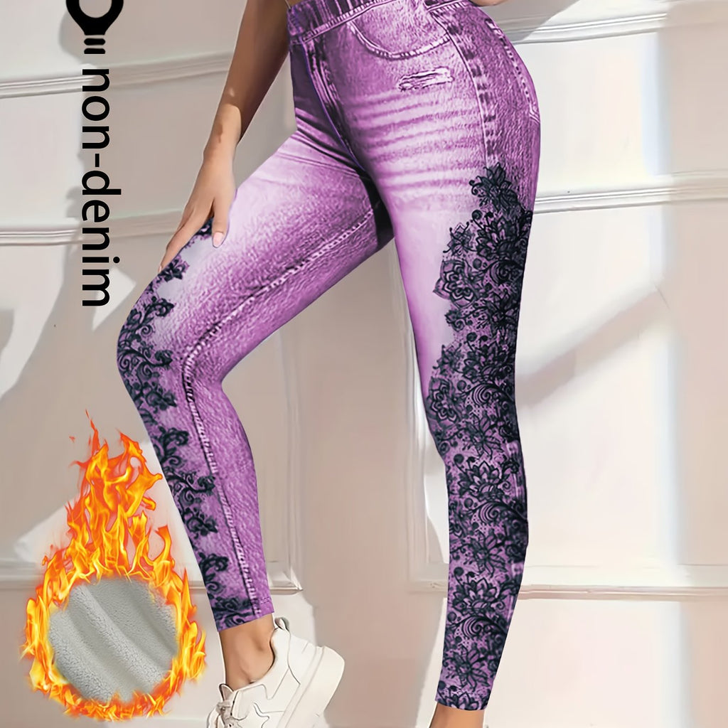 Cozy Faux Denim Leggings with Fleece Lining