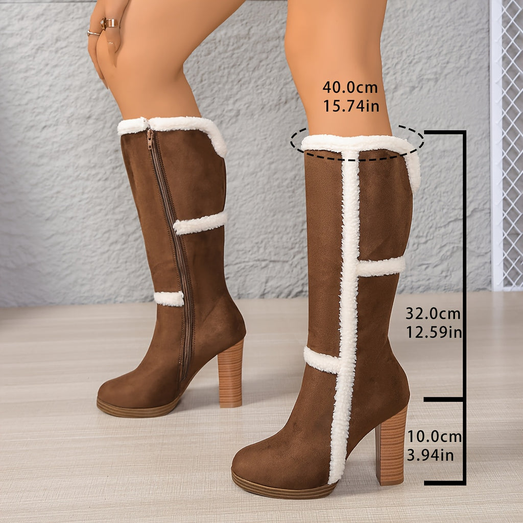 Botas de Neve de Inverno para Mulheres com Gola Falsa & Pelúcia - Salto Grosso Bloco, Sola Grossa de TPR, Fechamento com Zíper e Bico Redondo - Botas de Salto Alto Pretas e Brancas com Bico Redondo para Gelo e Neve (Somente Limpeza a Seco)