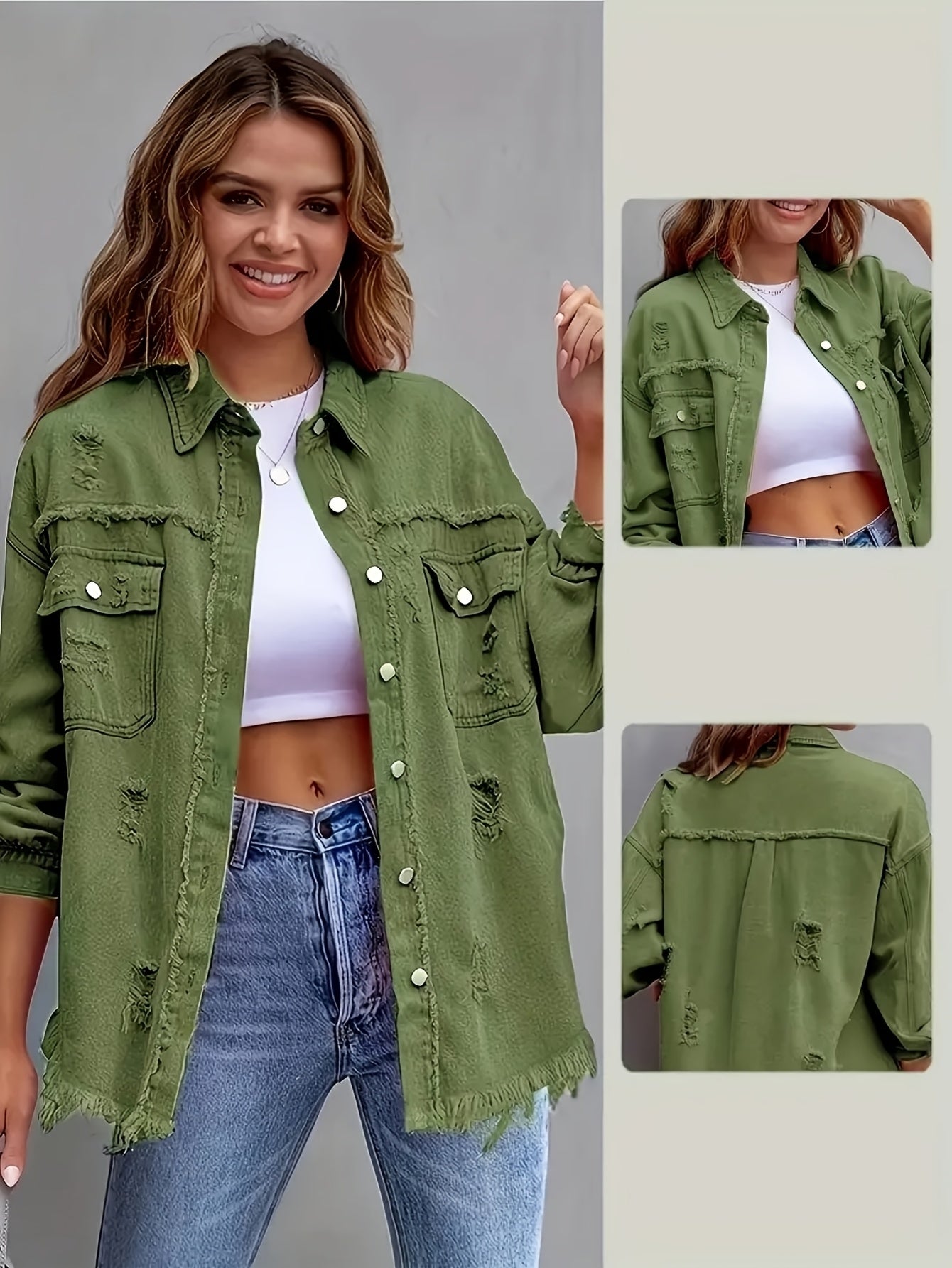 Jaqueta de ganga Boho-Chic de tamanho grande para mulheres com detalhes desgastados - Azul claro, tamanho grande, fecho de botão, mangas compridas, bainha desfiada, estilo casual para todas as estações, roupa exterior casual | Jaqueta de bainha desfiada | Jaqueta de bainha desfiada