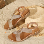 Sandálias Planas de Moda de Verão para Mulheres - Estilo Casual de Férias com Dedo do Pé Aberto, Parte Superior Bordada a Listras e Tira Elástica Trançada para Uso Confortável, Sandálias de Verão