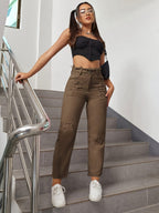 Calças Jeans Femininas de Cintura Alta com Remendos Estrelados Desgastado, Modelo Mom Fit e Ajuste Solto