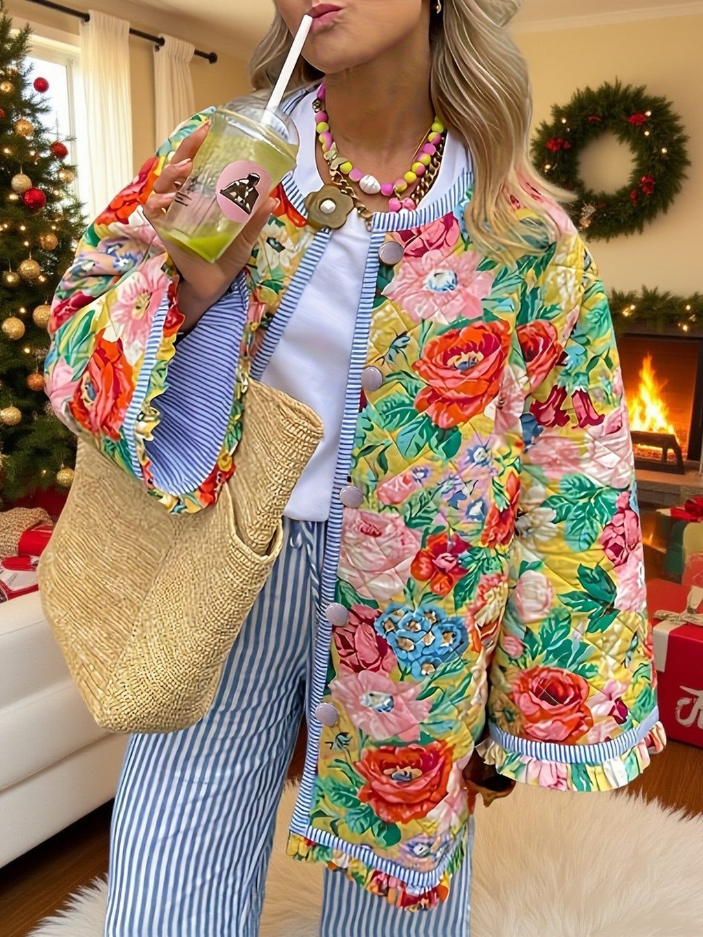 Tamanho Grande - Casaco de Mulher Plus Size com Design Estampado Elegante e Bordas com Folhos, Vibrante e Atraente.