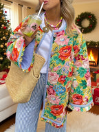 Tamanho Grande - Casaco de Mulher Plus Size com Design Estampado Elegante e Bordas com Folhos, Vibrante e Atraente.