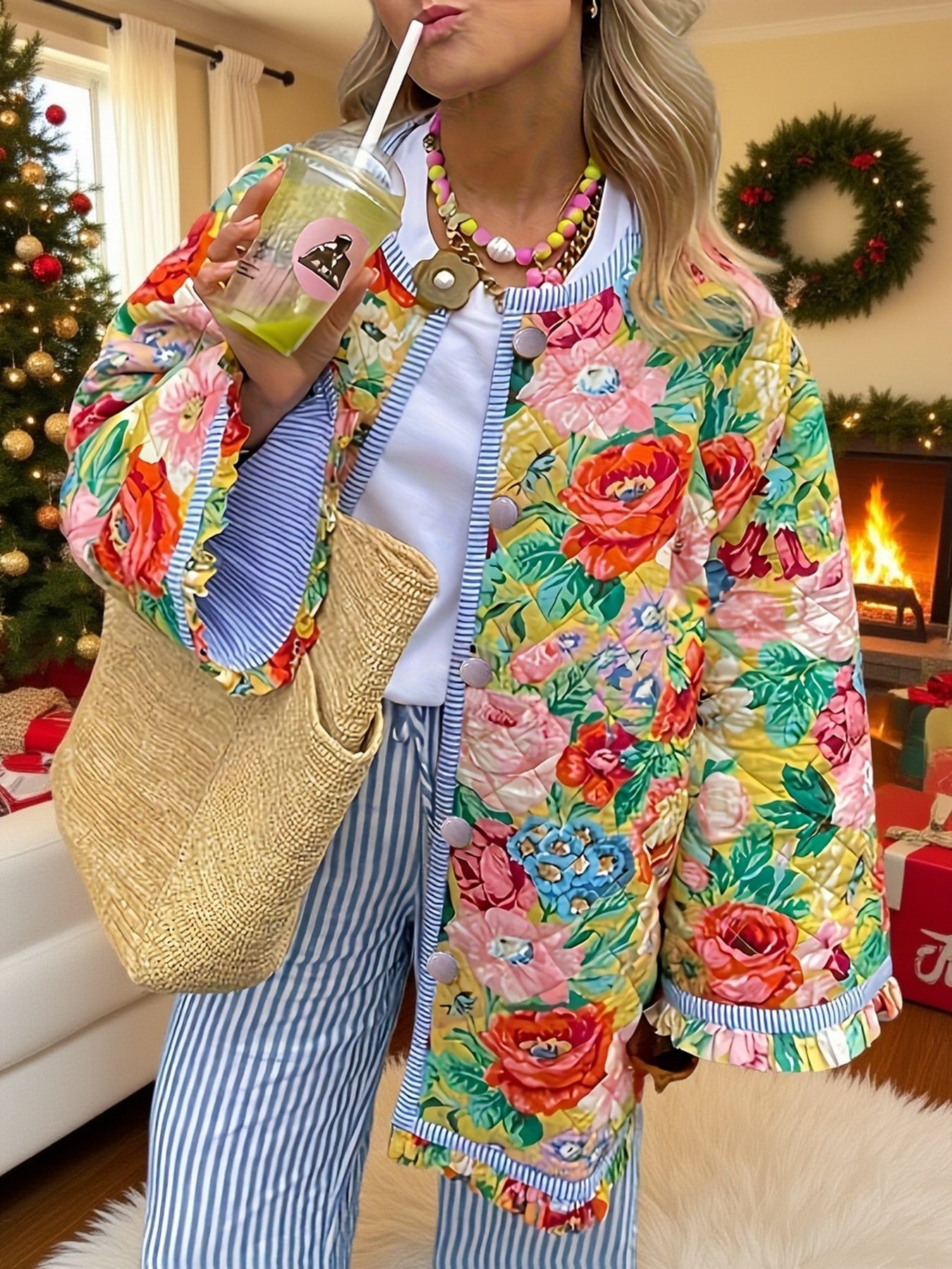 Tamanho Grande - Casaco de Mulher Plus Size com Design Estampado Elegante e Bordas com Folhos, Vibrante e Atraente.