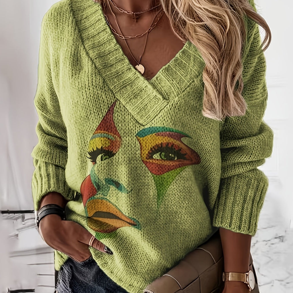 Stylish V-Neck Casual Blouse with Contrast Print