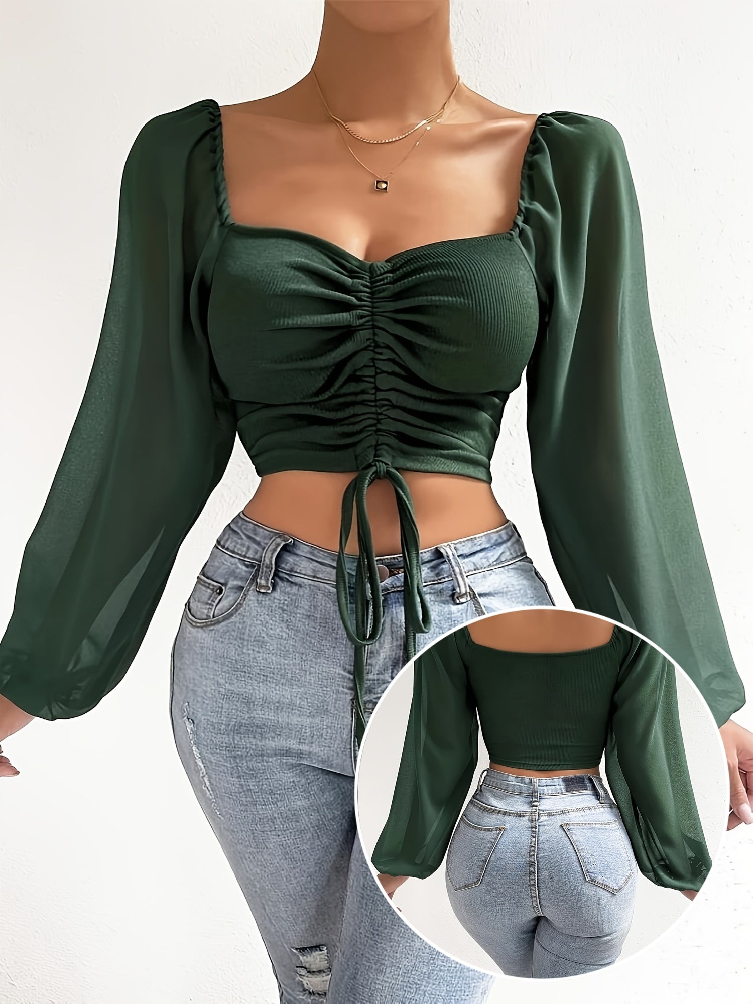 Top Curto Com Cordão E Decote Em Coração, Blusa Casual Ilusão Com Manga Lanterna Para Primavera E Outono, Roupas Femininas