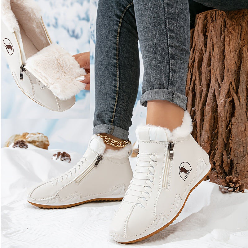 Botas de Inverno Femininas com Forro de Pelúcia, Fechamento de Zíper/Laço, Bico Redondo, Sola Baixa, Casual, Adequadas para Uso Diário, Lavável na Máquina, Espessura Aumentada - Cor Sólida (Tornozelo e Cano Curto)