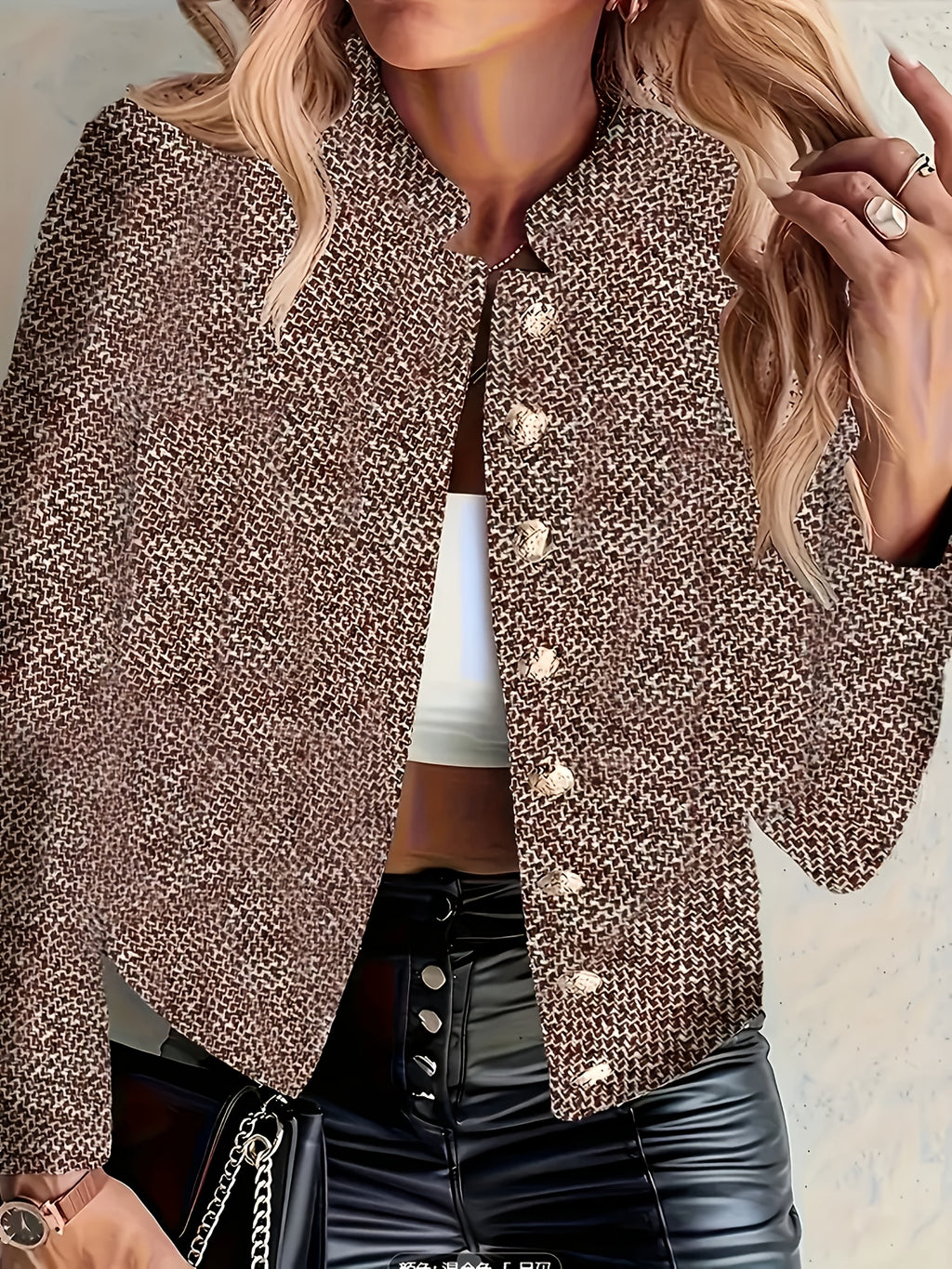 Blazer Feminino de Manga Longa | Jaqueta Top para Mulheres | Design com Botões Dourados | Estilo Cropped | Forrado | Tecido Misturado - Lavável na Máquina - Primavera | Outono | Inverno | Essencial para Todas as Estações | Peça Versátil | Escritório | Viagem - Traje Elegante para Professora