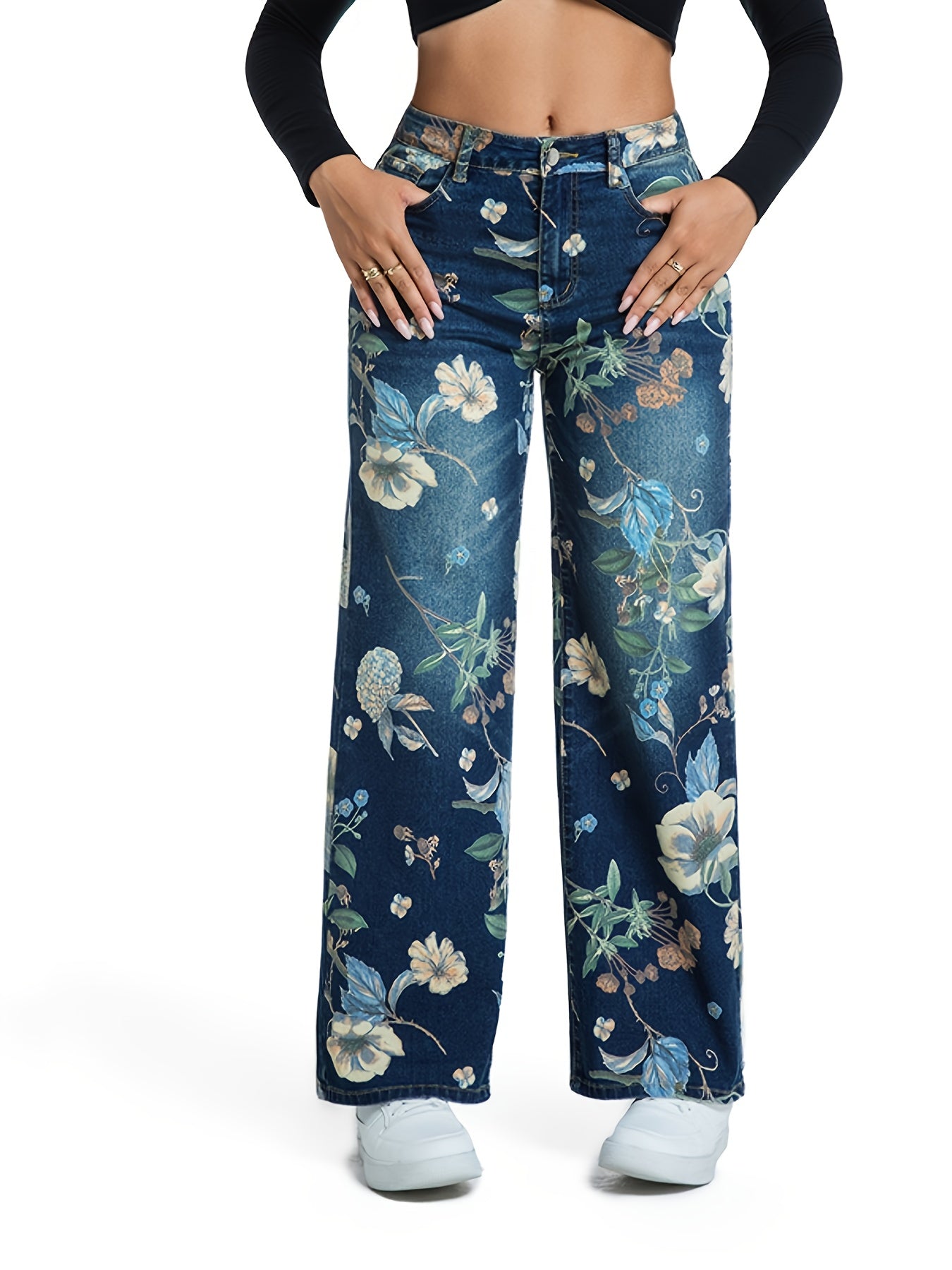 Calças de ganga de cintura alta para mulheres com estampa floral rosa vibrante - pernas retas, fecho de botão, calças longas casuais para verão e outono, calças de ganga de cintura alta, roupa casual de outono, ajuste confortável