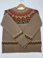 Camisola elegante de gola redonda para mulheres, em tecido de malha de poliéster 100%, com design de bloco de cores em patchwork para outono/inverno, peso de 350g/m², estilo casual para férias.