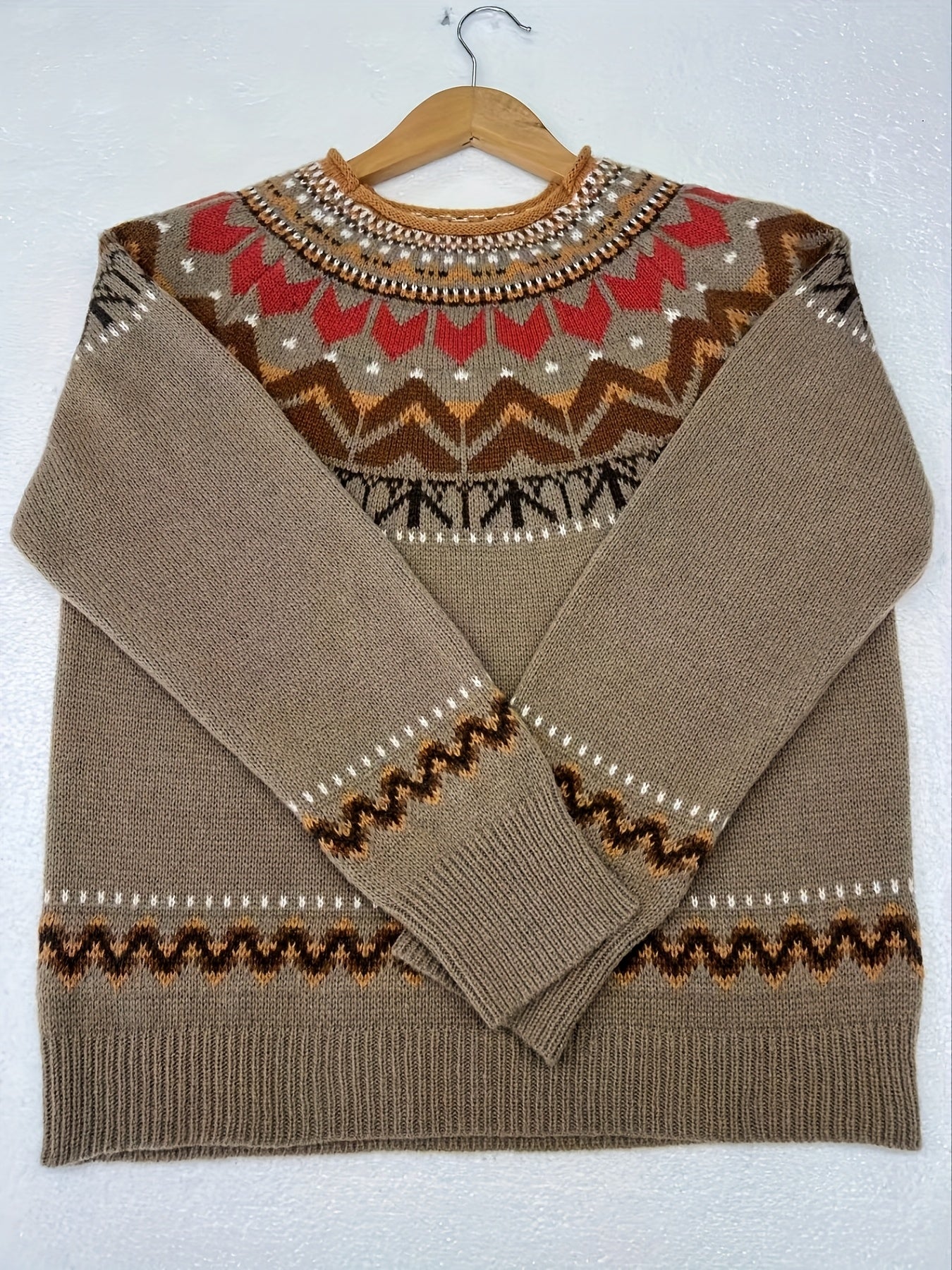 Camisola elegante de gola redonda para mulheres, em tecido de malha de poliéster 100%, com design de bloco de cores em patchwork para outono/inverno, peso de 350g/m², estilo casual para férias.