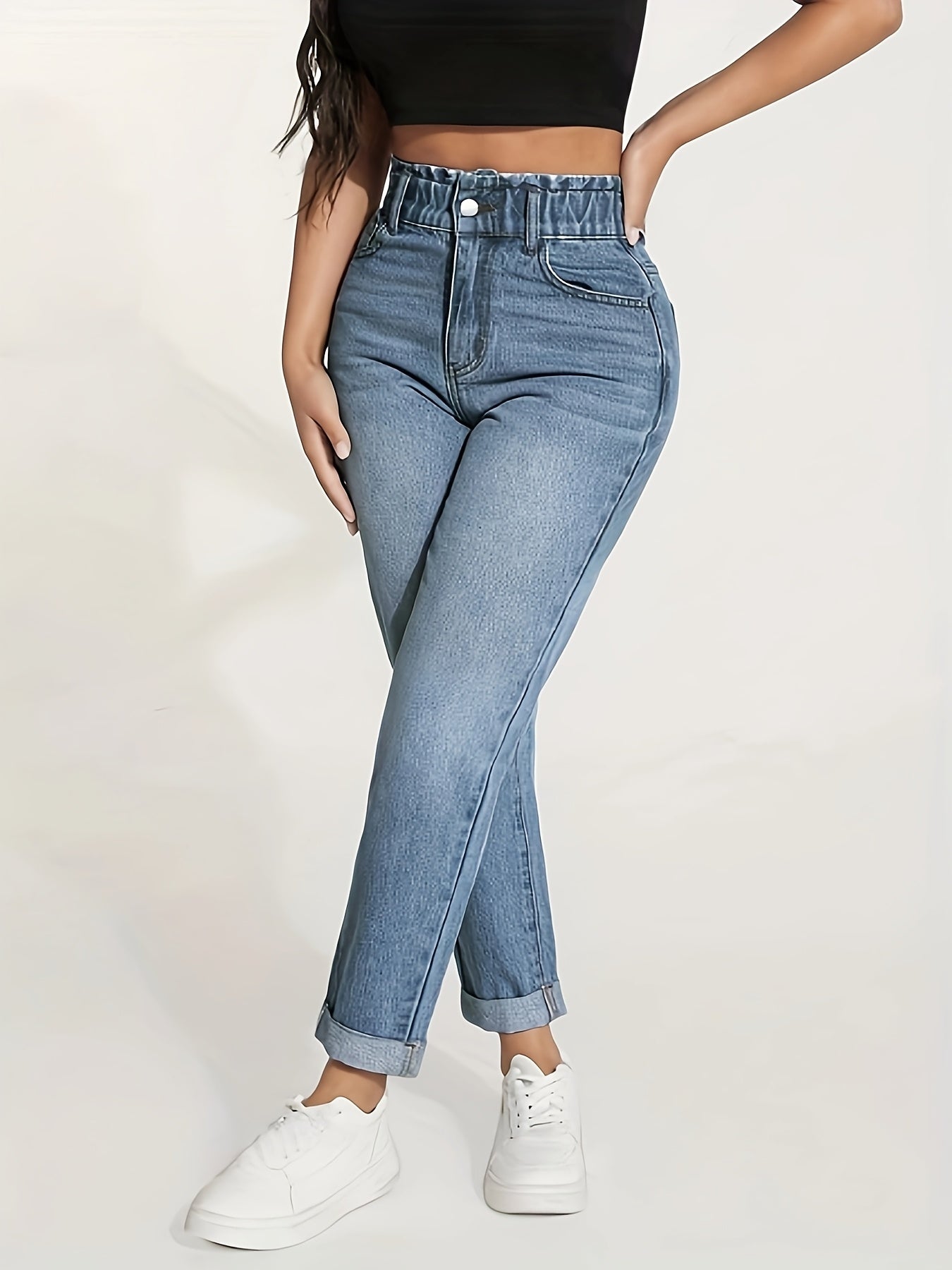 Calças Femininas de Corte Reto com Cintura Elástica e Barra Enrolada - Jeans Casual Lavado para Uso em Todas as Estações, Lavável na Máquina, Calças de Cor Sólida