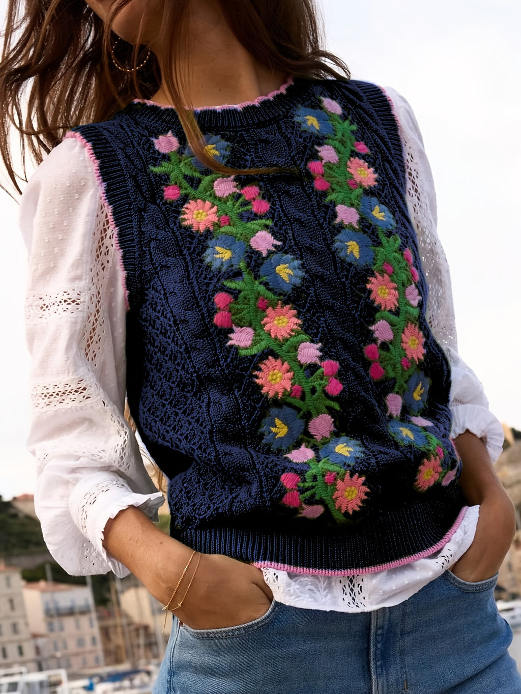 Suéter Feminino Floral - Colete de Malha Elástico, Sem Mangas para Eventos Casuais e Formais, Lavável na Máquina (Verde com Detalhes em Rosa/Azul/Roxo) - Suéter Elegante para Todas as Estações, Blusas Fofas