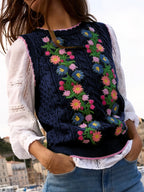 Suéter Feminino Floral - Colete de Malha Elástico, Sem Mangas para Eventos Casuais e Formais, Lavável na Máquina (Verde com Detalhes em Rosa/Azul/Roxo) - Suéter Elegante para Todas as Estações, Blusas Fofas