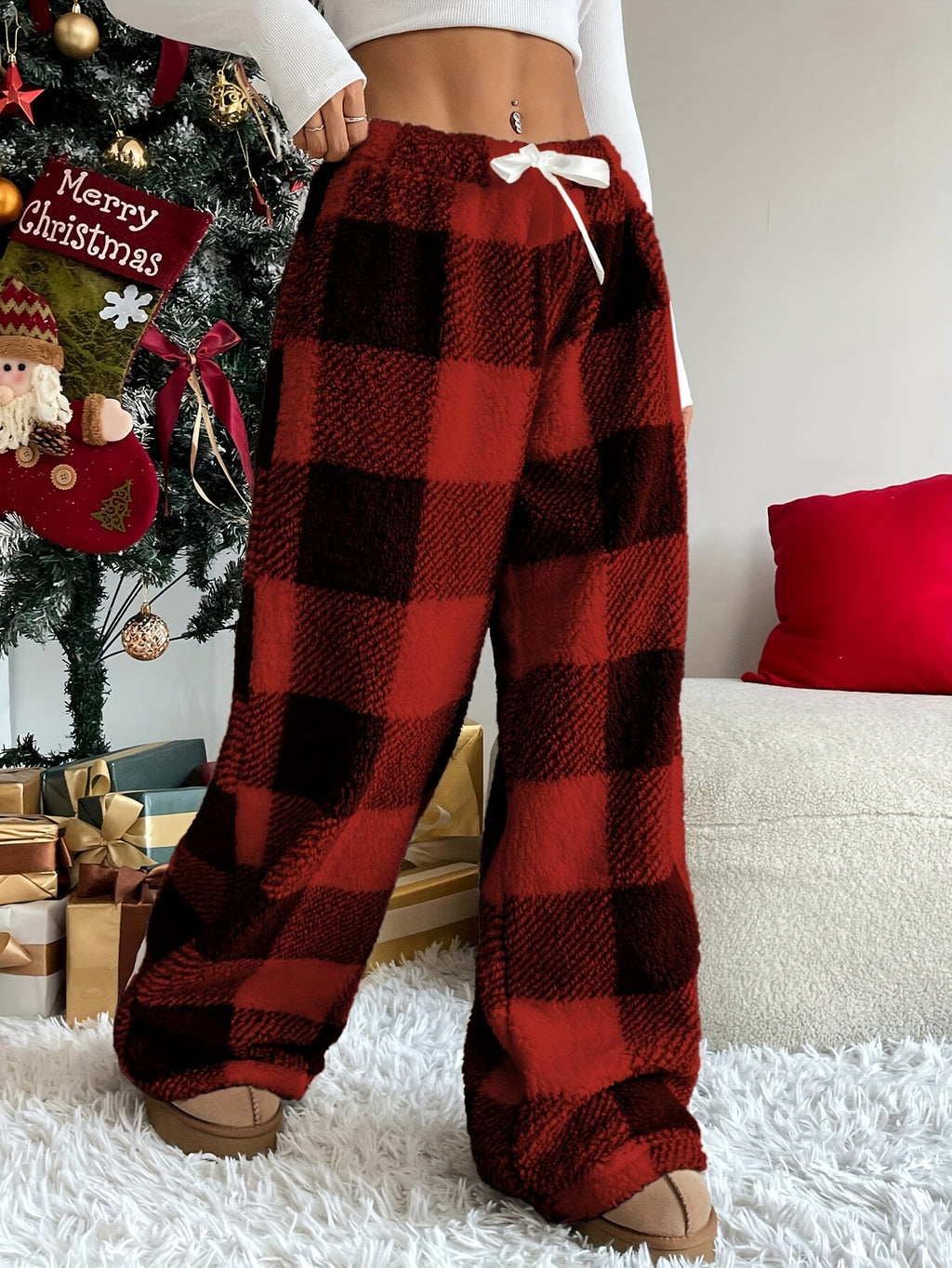 Calças de Inverno Femininas de Perna Larga com Cintura Elástica - Calças Maxi Xadrez, Calças Confortáveis e Quentes para Outono/Inverno, Laváveis na Máquina