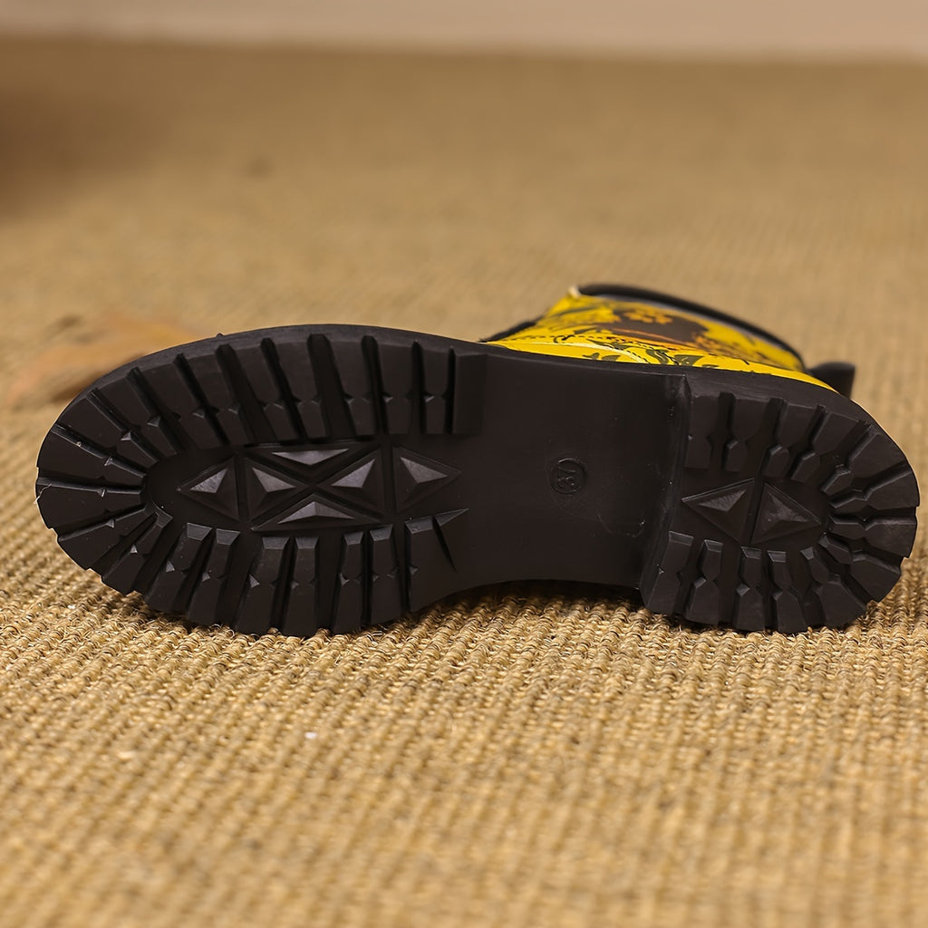 Botas curtas com estampado de abelha na moda para mulheres, botas de tornozelo com atacadores na moda, botas confortáveis para mulheres