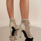 Sapatos de salto alto em malha para mulher, com salto fino, biqueira aberta e atacadores, botins elegantes para vestir