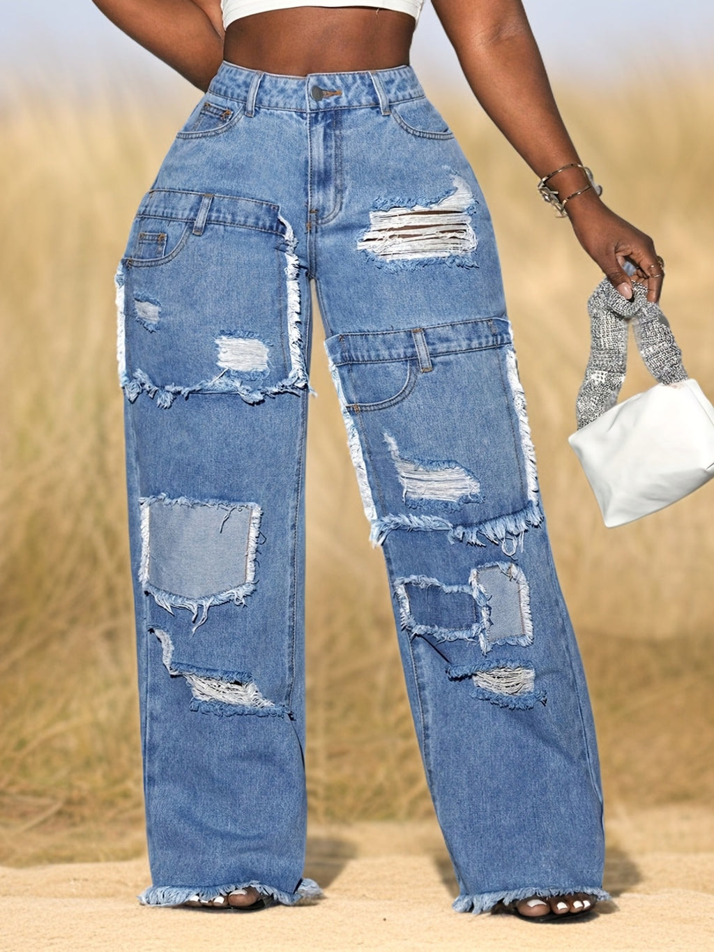 Jeans Elegantes de Corte Solto para Mulher | Ganga Desbotada e Desgastada, Tecido Elástico, Estilo Casual para Todas as Estações