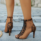 Sapatos de salto alto em malha para mulher, com salto fino, biqueira aberta e atacadores, botins elegantes para vestir