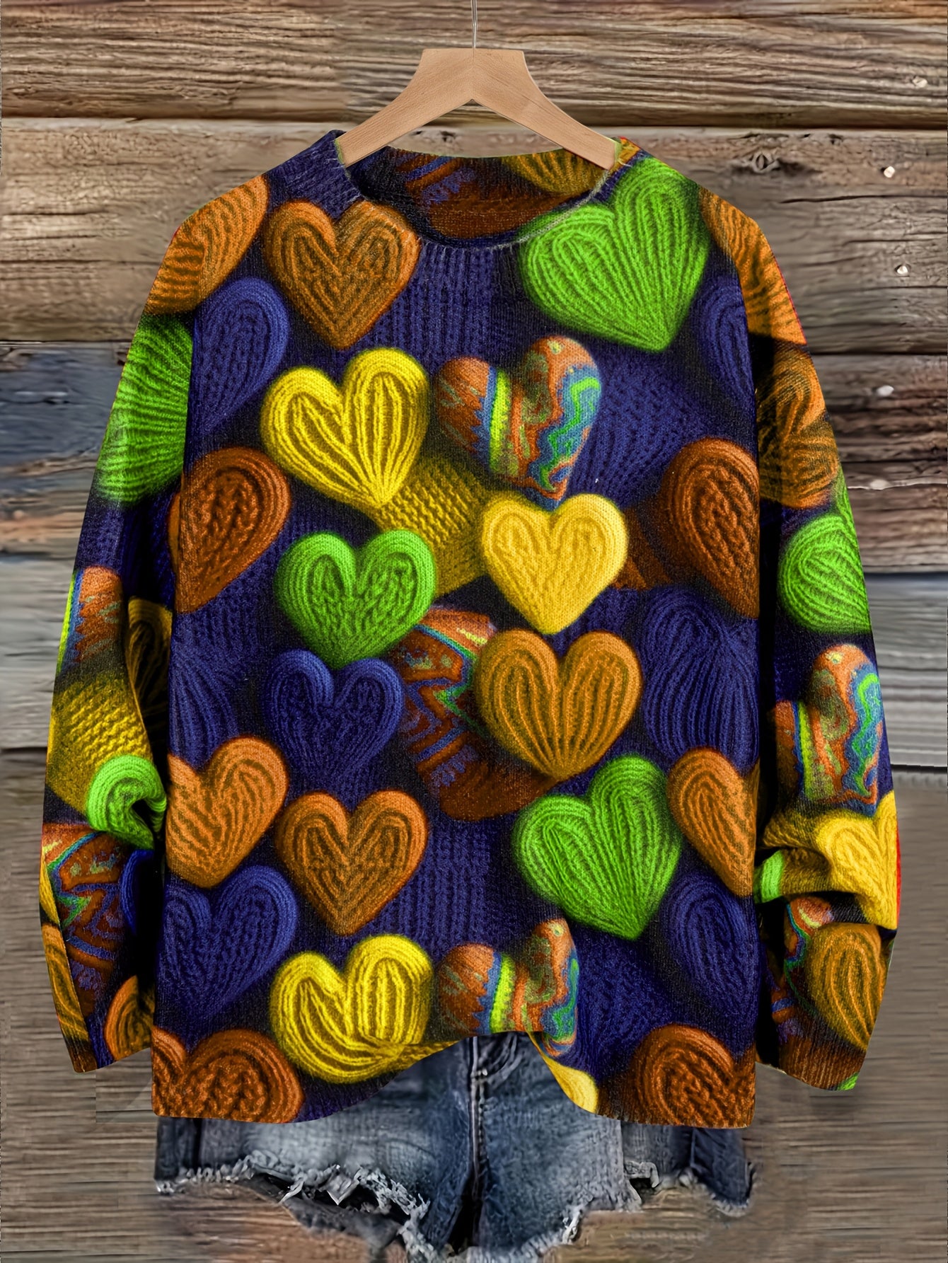 Tamanho Grande - Camisola Elegante Feminina com Padrão de Corações | Época de Outono, Gola Redonda, Manga Comprida, Corte Oversize, Pulôver com Estampado Digital