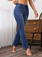 Calças Jeans de Cintura Alta para Mulheres - Pernas Retas com Detalhes Bordados, 73% Algodão, Conforto para Todas as Estações, Azul Médio Casual Streetwear