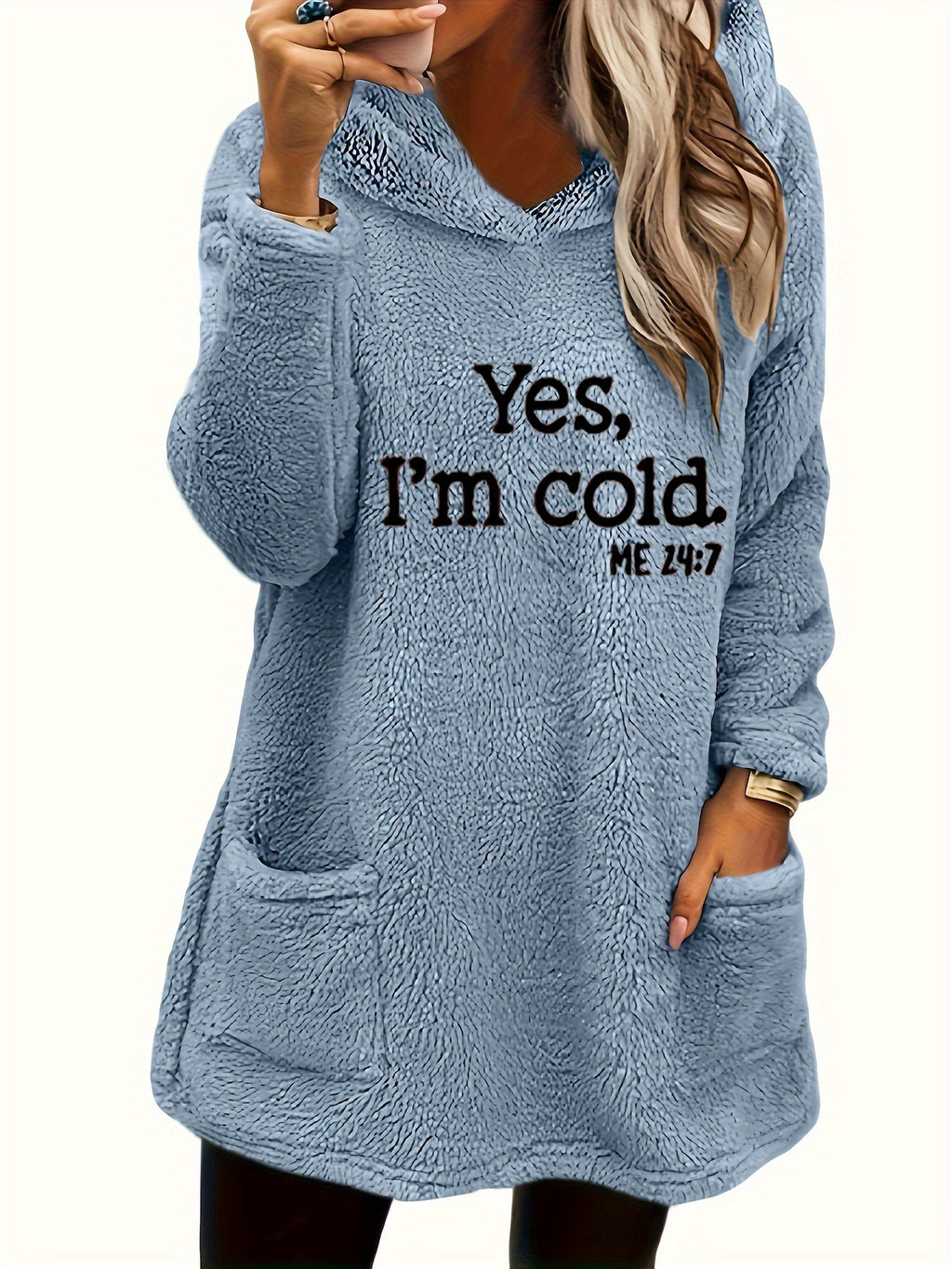 Moletom com Capuz de Urso Teddy "Sim, Estou Frio" para Mulheres - 100% Poliéster Ajuste Relaxado Manga Longa com Bolsos Duplos, Top Casual Forrado em Fleece Aconchegante para Outono & Inverno