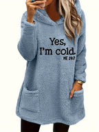 Moletom com Capuz de Urso Teddy "Sim, Estou Frio" para Mulheres - 100% Poliéster Ajuste Relaxado Manga Longa com Bolsos Duplos, Top Casual Forrado em Fleece Aconchegante para Outono & Inverno