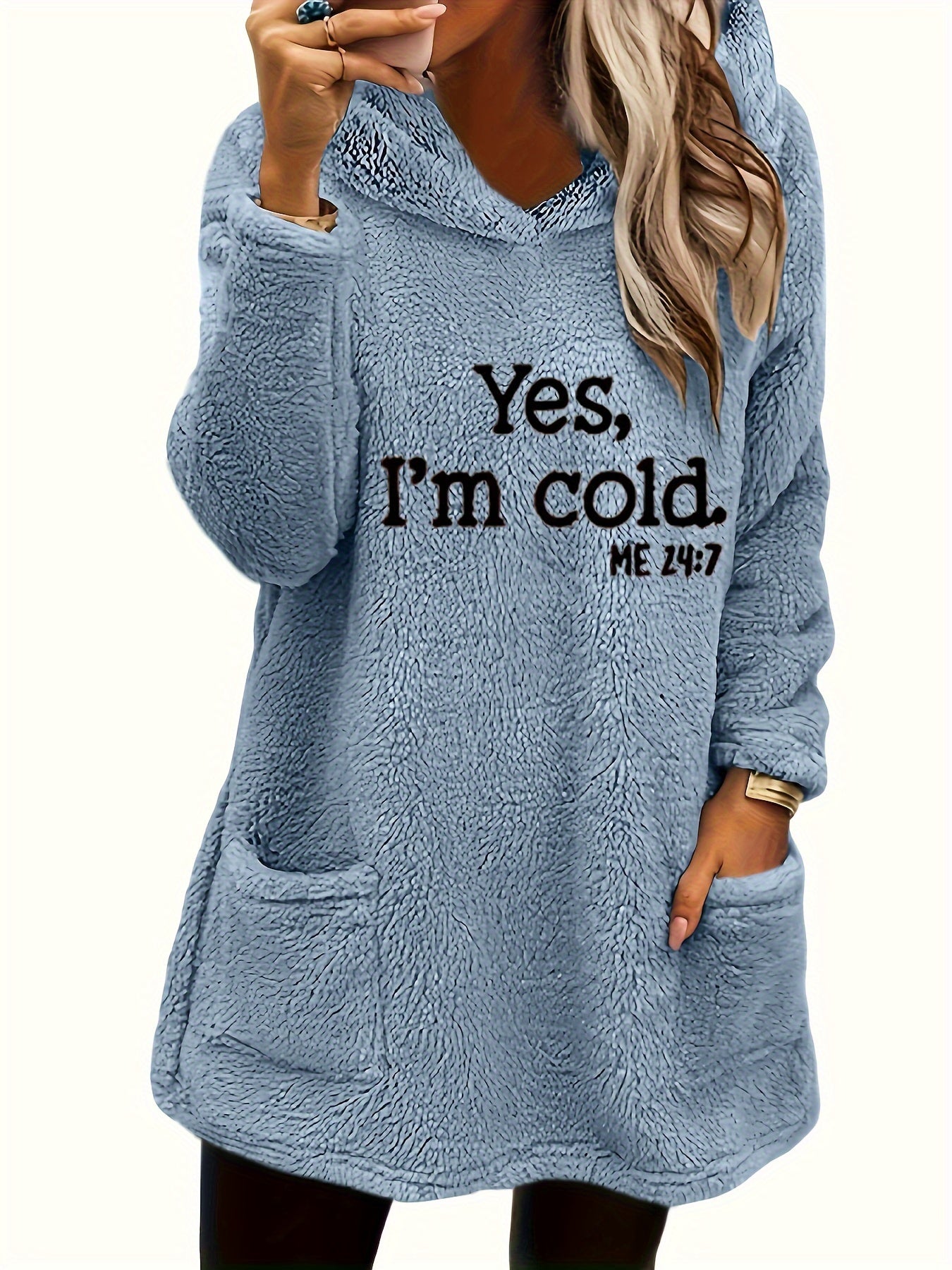 Moletom com Capuz de Urso Teddy "Sim, Estou Frio" para Mulheres - 100% Poliéster Ajuste Relaxado Manga Longa com Bolsos Duplos, Top Casual Forrado em Fleece Aconchegante para Outono & Inverno