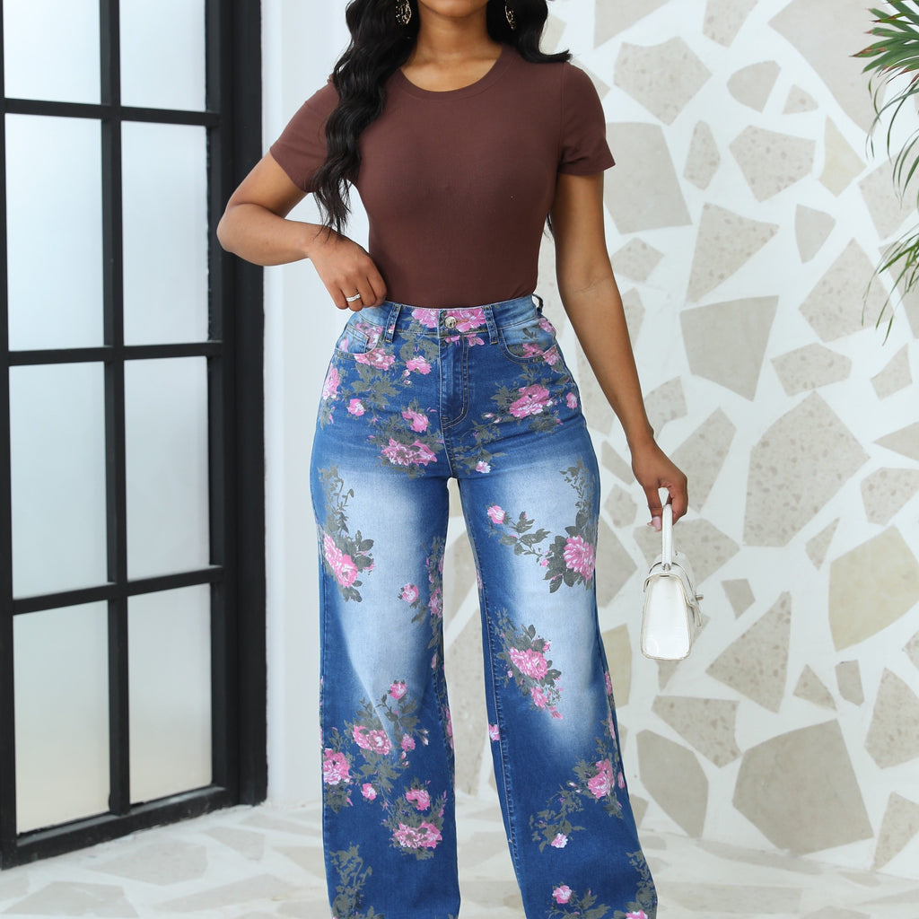 High-Waisted Floral Jeans - Vibrant Rose Edition