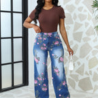 High-Waisted Floral Jeans - Vibrant Rose Edition