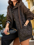 Casaco Elegante com Capuz | Outono/Inverno, Tecido Sem Elasticidade, Padrão de Escamas de Peixe, Manga Regular, Fecho de Zíper, Corte Larga