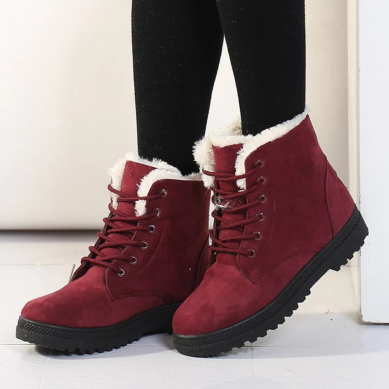 Botas de Inverno Femininas, Botas de Cano Curto Casual com Forro, Sapatos de Plataforma Quentes e Rasos com Cadarço