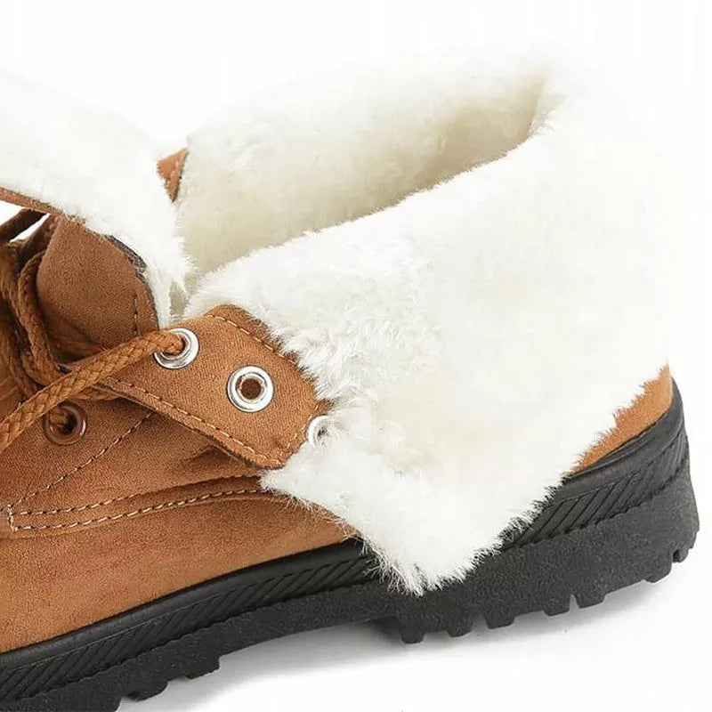 Botas de Inverno Femininas, Botas de Cano Curto Casual com Forro, Sapatos de Plataforma Quentes e Rasos com Cadarço