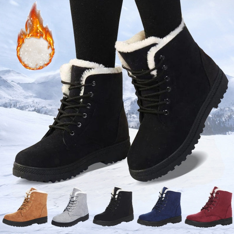 Botas de Inverno Femininas, Botas de Cano Curto Casual com Forro, Sapatos de Plataforma Quentes e Rasos com Cadarço