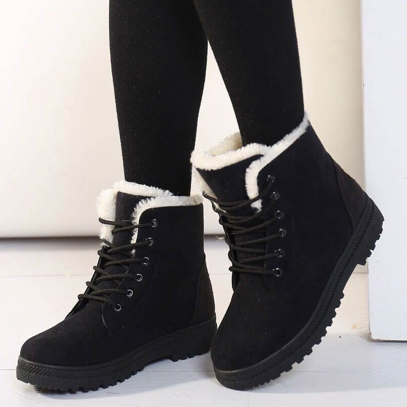 Botas de Inverno Femininas, Botas de Cano Curto Casual com Forro, Sapatos de Plataforma Quentes e Rasos com Cadarço