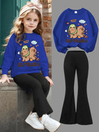 Conjunto de Moletom com Estampa de Golfinho Feng Shui e Calça Flare Ajustada para Meninas, Moda Fofa, Casual para Primavera, Outono e Inverno, Ideal para Uso ao Ar Livre