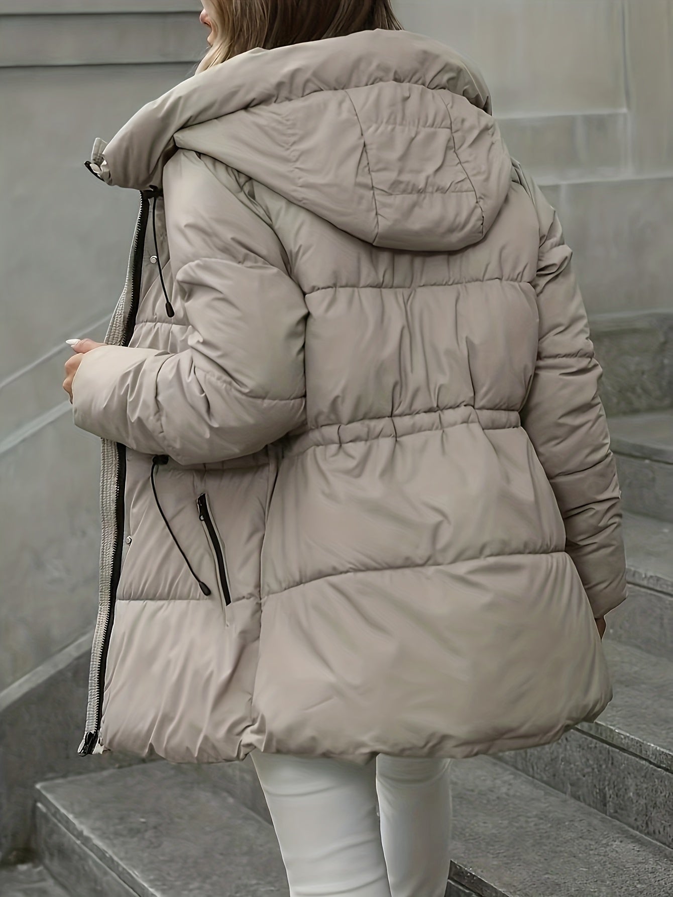 Coleção Outono/Inverno 2025: Casaco Puffer de Comprimento Médio Acolchoado, Jaqueta com Capuz Quente e Estilo Casual Moderno, Cinto Ajustável, Fechamento com Zíper, Ideal para o Dia a Dia e Atividades ao Ar Livre