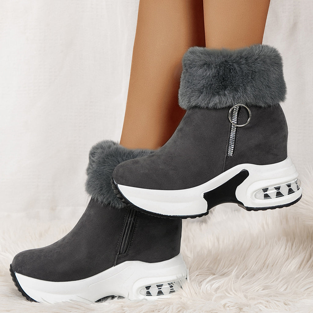 Botas de Plataforma MZMQS para Mulheres com Fecho de Zíper - Sola Grossa Antiderrapante em PU, Sapatos Quentes para o Inverno - Botas Pretas para Looks Casuais e Formais, Aumento Confortável de Altura, Design com Babado Peludo, Calçados Duráveis e Forrados a Lã, Moda Feminina