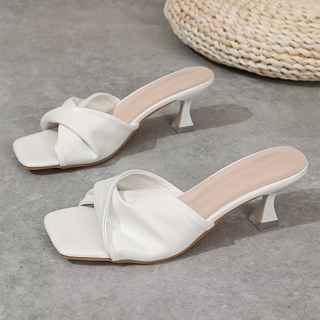 Sandálias femininas de salto alto com design plissado, sapatos modernos de bico quadrado, saltos estilosos