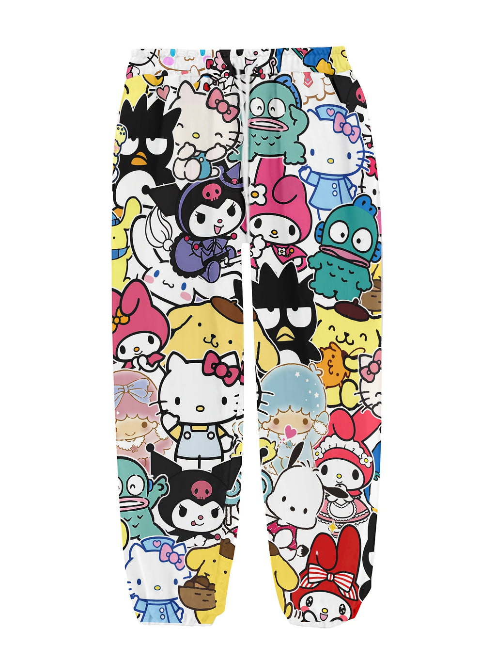 Calças de jogar Sanrio para mulheres com estampado de desenhos animados - Estilo hip-hop urbano, cintura com cordão confortável, lavável à máquina, branco com designs coloridos de personagens, perfeitas para uso casual, calças de jogar