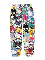 Calças de jogar Sanrio para mulheres com estampado de desenhos animados - Estilo hip-hop urbano, cintura com cordão confortável, lavável à máquina, branco com designs coloridos de personagens, perfeitas para uso casual, calças de jogar