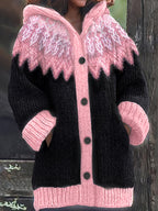 Casaco Plus Size Feminino de Inverno, Elegante com Capuz, Jacquard Macio e Grosso em Degradê de Montanha e Geleira, Tie-Dye, Confortável e Casual, Cardigan Vintage para Presente ou Dia a Dia