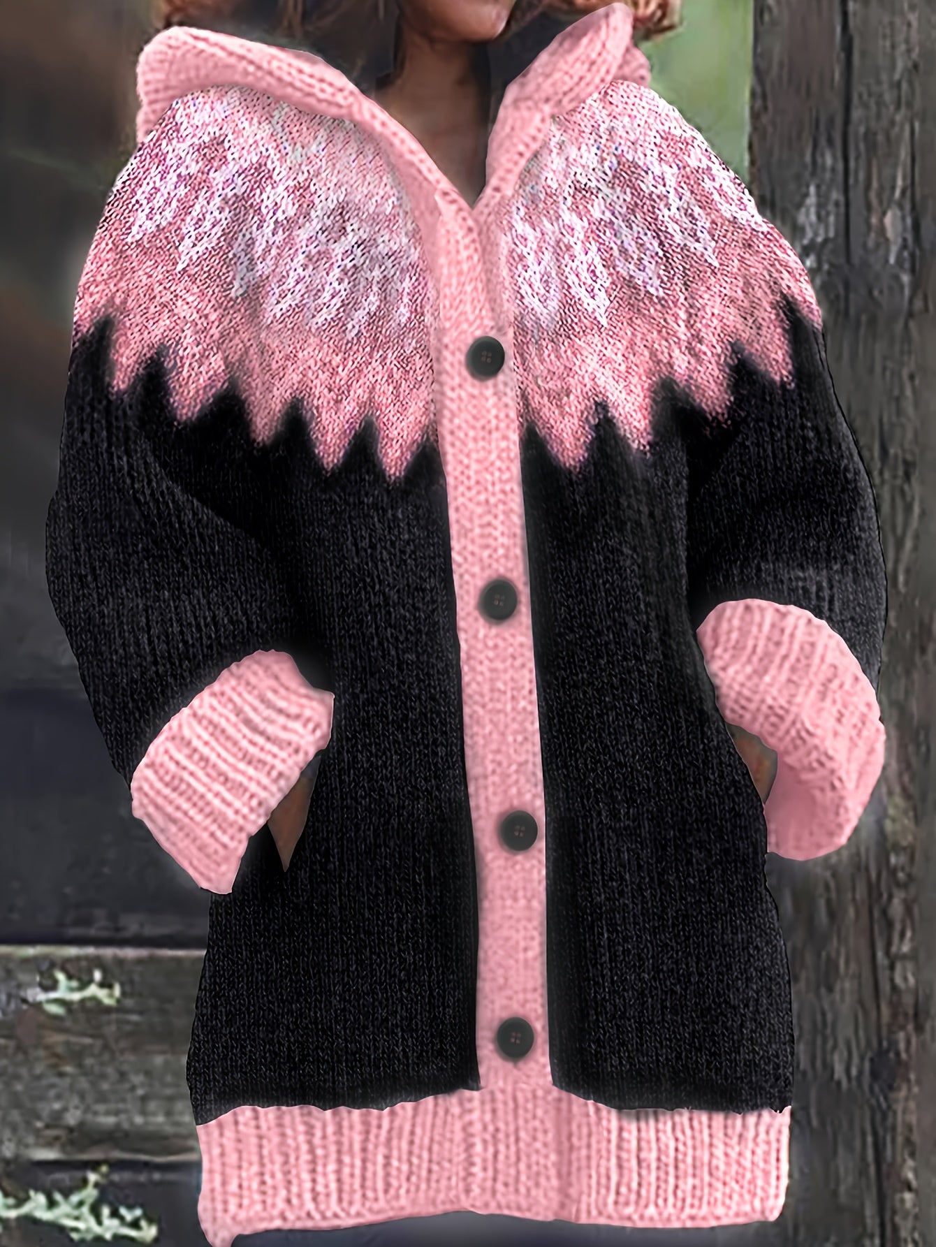 Casaco Plus Size Feminino de Inverno, Elegante com Capuz, Jacquard Macio e Grosso em Degradê de Montanha e Geleira, Tie-Dye, Confortável e Casual, Cardigan Vintage para Presente ou Dia a Dia