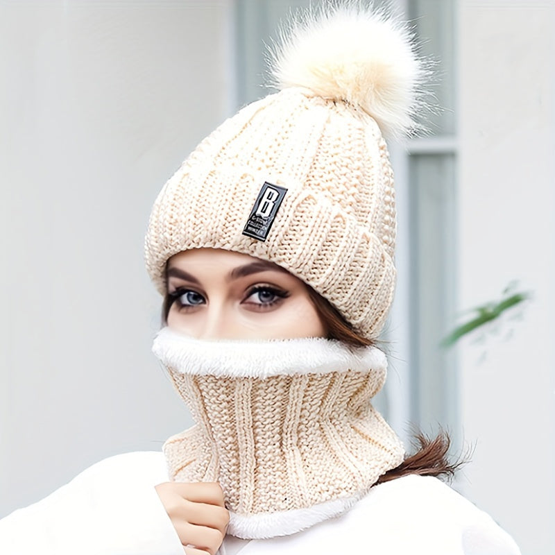 Conjunto de 2 peças de gorro de inverno para mulher e cachecol de pescoço com forro de lã e pompon - Respirável, elástico, fecho de botão, lavagem à mão apenas, perfeito para ocasiões de Natal