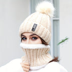 Conjunto de 2 peças de gorro de inverno para mulher e cachecol de pescoço com forro de lã e pompon - Respirável, elástico, fecho de botão, lavagem à mão apenas, perfeito para ocasiões de Natal