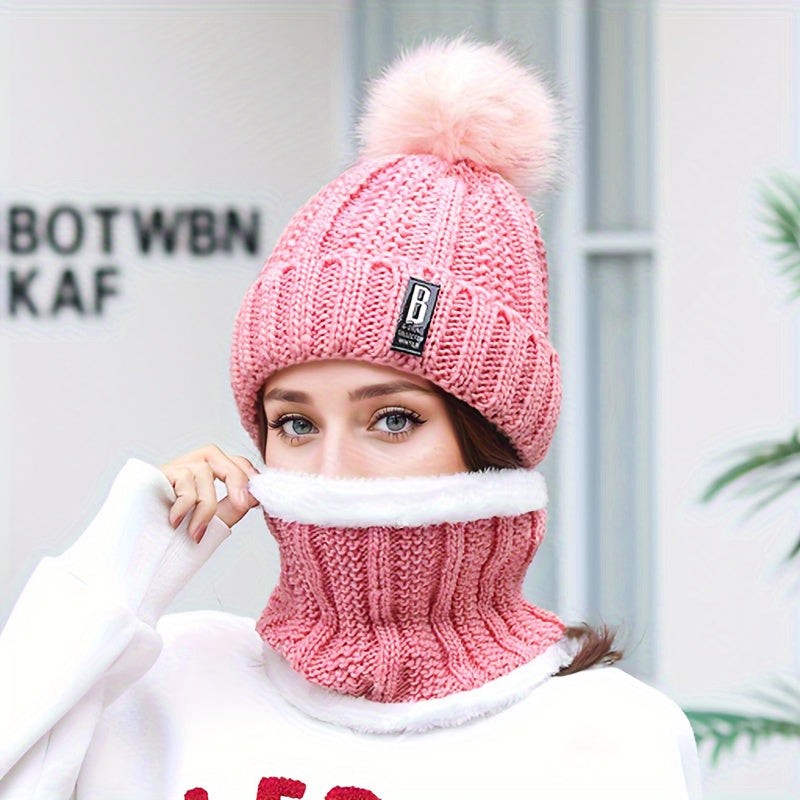 Conjunto de 2 peças de gorro de inverno para mulher e cachecol de pescoço com forro de lã e pompon - Respirável, elástico, fecho de botão, lavagem à mão apenas, perfeito para ocasiões de Natal