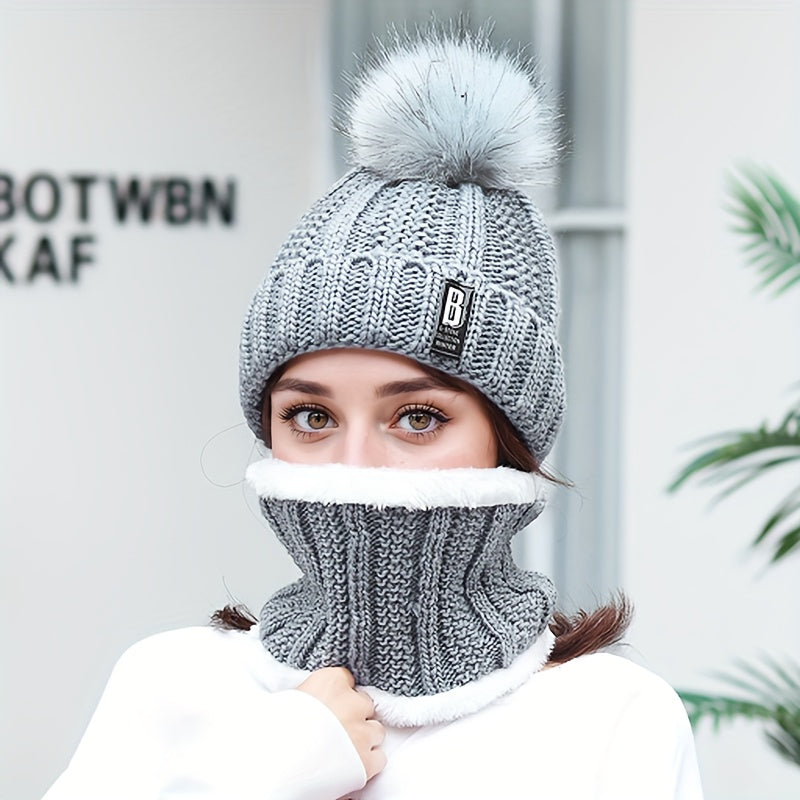 Conjunto de 2 peças de gorro de inverno para mulher e cachecol de pescoço com forro de lã e pompon - Respirável, elástico, fecho de botão, lavagem à mão apenas, perfeito para ocasiões de Natal