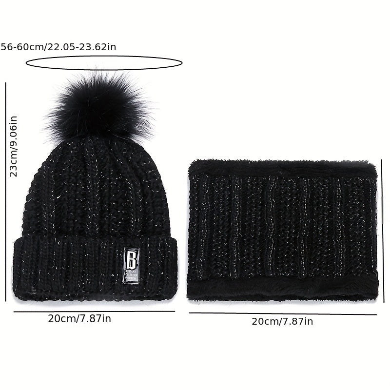 Conjunto de 2 peças de gorro de inverno para mulher e cachecol de pescoço com forro de lã e pompon - Respirável, elástico, fecho de botão, lavagem à mão apenas, perfeito para ocasiões de Natal