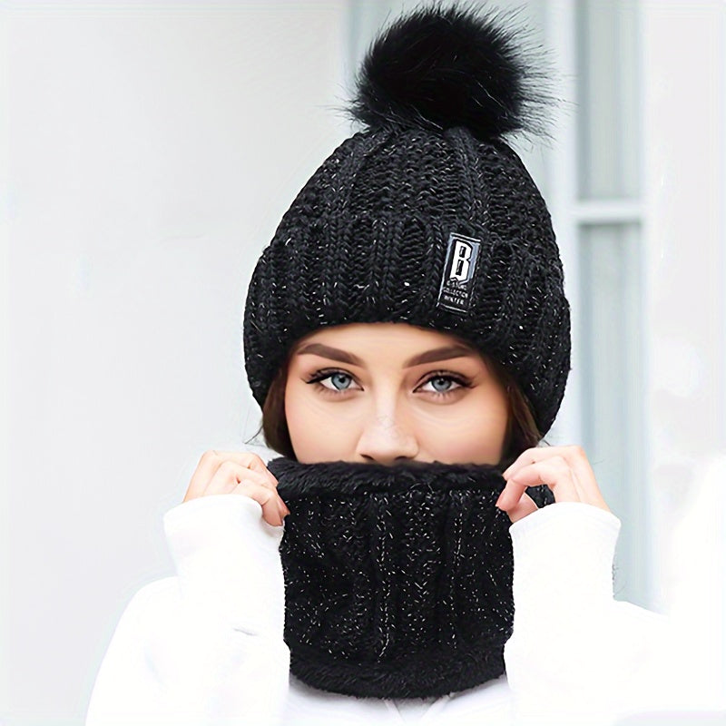 Conjunto de 2 peças de gorro de inverno para mulher e cachecol de pescoço com forro de lã e pompon - Respirável, elástico, fecho de botão, lavagem à mão apenas, perfeito para ocasiões de Natal